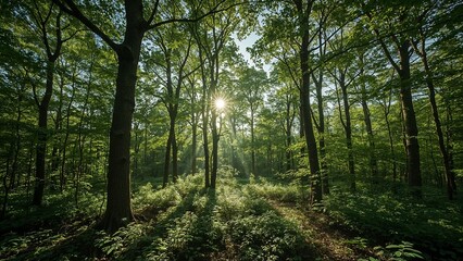 Fototapeta premium Sunlight streams through a dense forest canopy.
