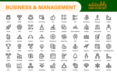 Business and Management Outline Icons. Corporate Strategy Icon Collection. Leadership, Planning, and Team Management Icons. Time Tracking and Workflow Concept. Vector Line Icon Set.