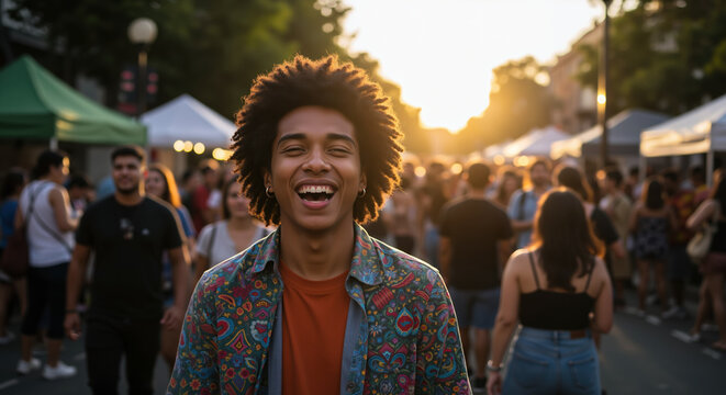 Man with curly hair laughing joyfully at outdoor festival. Happiness and positive lifestyle. Mental health awareness and wellness campaigns - Powered by Adobe