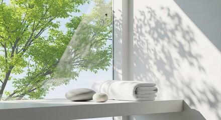 Minimalist bathroom decor with white towel and stones near window with tree view for spa and relaxation
