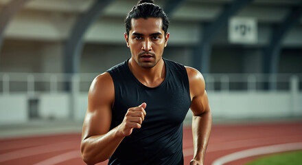 Man running on track in black tank top during intense workout. Fitness training and athletic performance. Sports motivation and gym membership campaigns