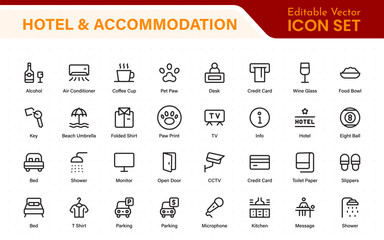 Hotel and accommodation icons. Universal service icons with building, booking, concierge, air conditioning, food delivery, housekeeping line vector web icon.