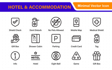Hotel and accommodation icons. Universal service icons with building, booking, concierge, air conditioning, food delivery, housekeeping line vector web icon.