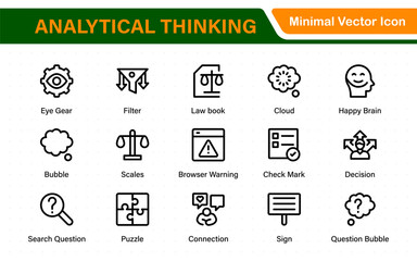 Analytical Thinking Web Icons in Line Style. Ideas, facts, critical decisions, strategy, problem‑solving, innovation, collection.