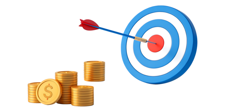 An arrow hits the center of a blue target beside stacks of gold coins, symbolizing financial success, goal achievement, and investment targeting against a transparent background.