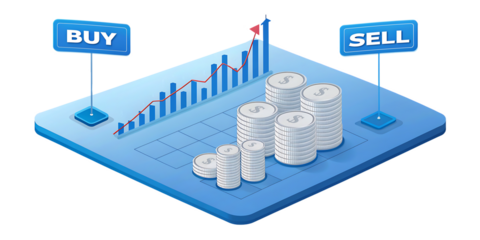 Financial growth concept displays a rising stock market chart, showcasing stacks of coins, accompanied by signs indicating buy and sell decisions on a transparent background.