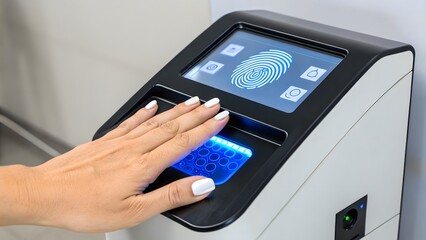 A person uses a biometric scanner with a fingerprint icon displayed on the touch screen monitor