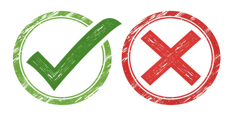 Green check mark and red cross symbols, a vector illustration representing approval and disapproval with a distressed grunge texture on a clean transparent background.