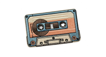 embroidered patch of vintage audio cassette tape on transparent background
