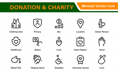 Donation and Charity Icons Collection. Outline Symbols for Giving, Community Help, Volunteering, and Humanitarian Aid.