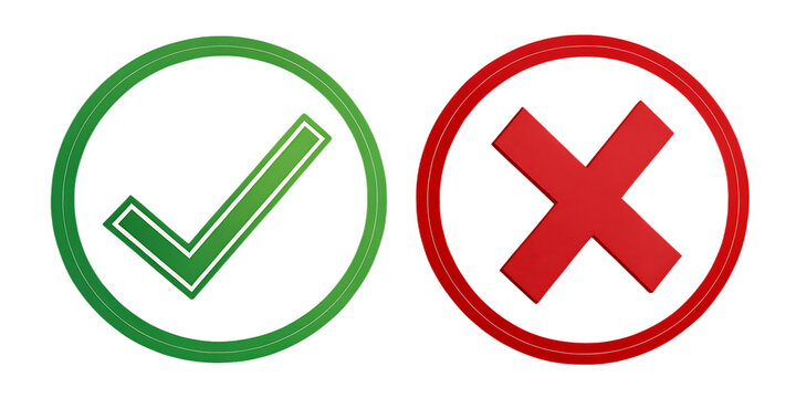 A digital depiction displays a green check mark within a circle alongside a red X mark, rendered against a black backdrop suggesting approval and rejection concepts, transparent background