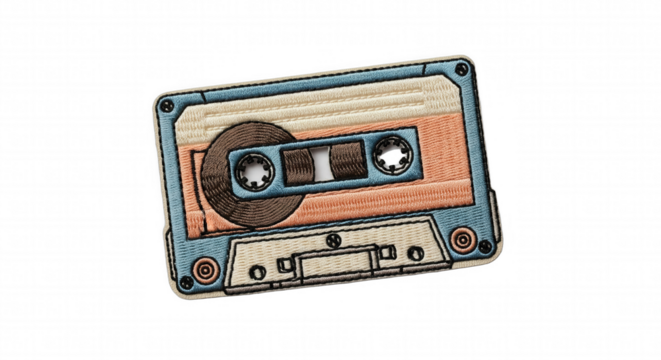 embroidered patch of vintage audio cassette tape on transparent background
