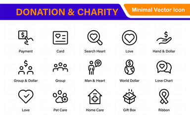 Donation and Charity Icons Collection. Outline Symbols for Giving, Community Help, Volunteering, and Humanitarian Aid.