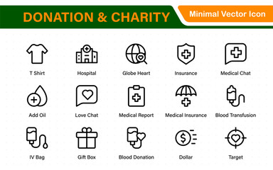 Donation and Charity Icons Collection. Outline Symbols for Giving, Community Help, Volunteering, and Humanitarian Aid.