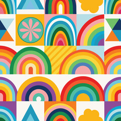 Rainbow vector geometric seamless patterns collection. Set of bright colorful backgrounds with modern minimal labels. Cute abstract geometrical textures. Simple pattern design for babies, kids, decor