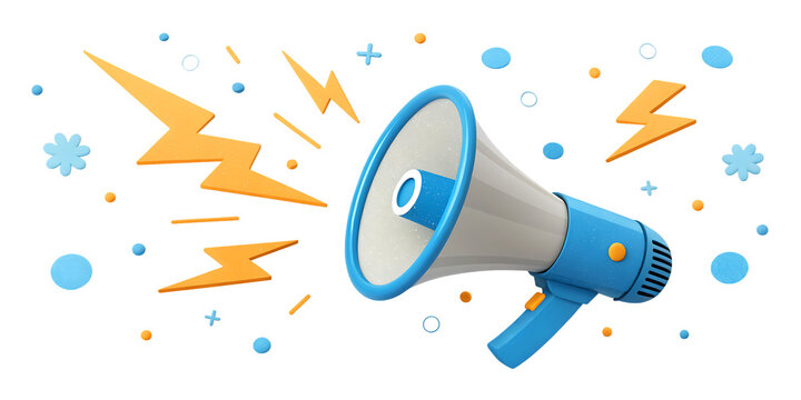 A vibrant megaphone illustration stands out against a transparent background with playful geometric shapes, lightning bolts and a transparent backdrop making it perfect for announcements and promotion