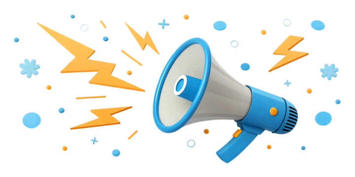 A vibrant megaphone illustration stands out against a transparent background with playful geometric shapes, lightning bolts and a transparent backdrop making it perfect for announcements and promotion