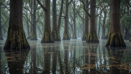 Misty forest reflections in a flooded swamp.