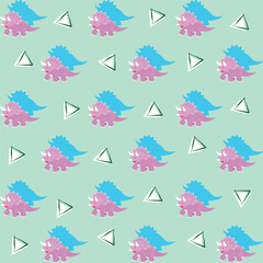 Adorable seamless pattern featuring pink and blue cartoon Triceratops dinosaurs with geometric shapes, perfect for children's designs