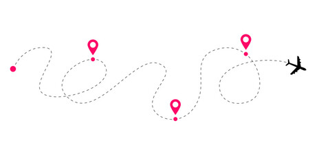 Dotted airplane flight routes with tracking paths and curved dash lines showing plane navigation connections for aviation map design and global air route vector illustration collection © Svitlana Tolmach 