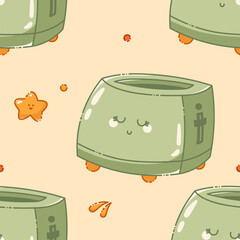 Seamless pattern in boho colors with cute Toaster and stars, drops.