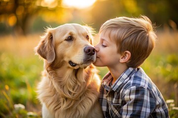 A young boy is hugging a golden retriever