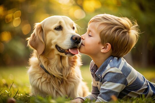 A young boy is hugging a golden retriever