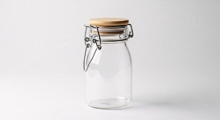 Glass jar with lid mockup for food storage and kitchen organization product photography on white background