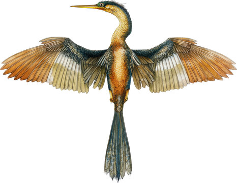 Anhinga bird with wings spread showing detailed feathers isolated on transparent background