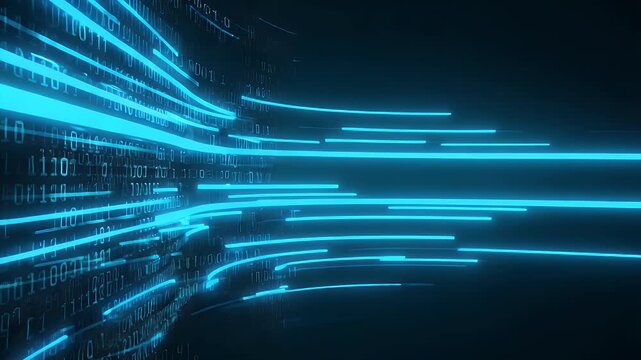 A futuristic digital art piece featuring flowing blue neon lines and binary code against a dark backdrop