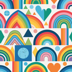 Rainbow vector geometric seamless patterns collection. Set of bright colorful backgrounds with modern minimal labels. Cute abstract geometrical textures. Simple pattern design for babies, kids, decor