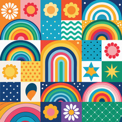Rainbow vector geometric seamless patterns collection. Set of bright colorful backgrounds with modern minimal labels. Cute abstract geometrical textures. Simple pattern design for babies, kids, decor