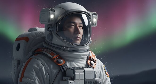 Astronaut in a spacesuit gazes towards the aurora borealis, illuminated by helmet lights, against a dark, atmospheric background.