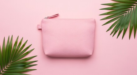 Pink cosmetic bag with palm leaves on pastel background flat lay for beauty product presentation mockup