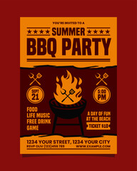 Red And Orange Illustrative Summer BBQ Party Vertical Poster Invitation Template