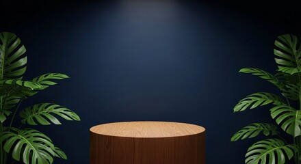 Product display mockup with tropical leaves and wooden podium for presentation and advertising needs