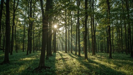 Obraz premium Sunlight streams through a dense forest canopy.