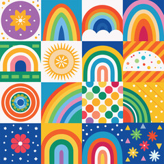 Rainbow vector geometric seamless patterns collection. Set of bright colorful backgrounds with modern minimal labels. Cute abstract geometrical textures. Simple pattern design for babies, kids, decor