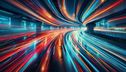 Dynamic neon light streaks&mdash;long exposure of speeding cars on a