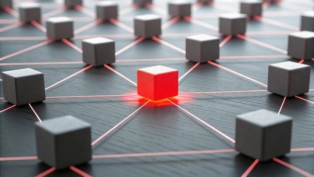 Network of cubes with one glowing red node spreading thin lines — malware propagation visualization
 - Powered by Adobe