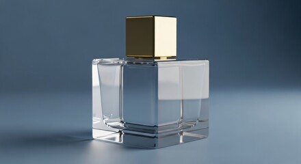 Elegant glass perfume bottle with golden cap on blue background