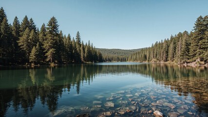 Naklejka premium Tranquil lake nestled within a dense forest.
