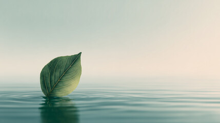 A single green leaf gently floating on a calm body of water, minimalist design with soft pastel tones, symbolizing nature conservation and sustainability