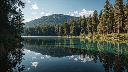 Fototapeta premium Serene lake reflecting a mountainous forest.