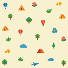 캠핑과 자연 아이콘 패턴, 분리된 배경. 생동감 넘치고 경쾌한 다채로운 숲 풍경, 밝은 나무 숲 초록 질감 디자인