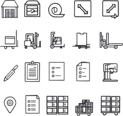 Warehouse Inventory Vector Icon Set | Adjustable Line Weight | Storage, logistics, delivery, packaging, barcode, forklift, shipping, pallet, stock, tracking, management, cargo, supply chain icons.