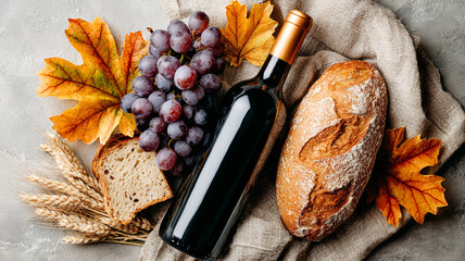 AI generation. A bottle of red wine on the background of an autumn vine. The autumn concept for the sale of wine. Wine on a wooden background with autumn foliage and bread.