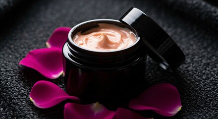 Luxury face cream in black jar with rose petals for skincare and beauty product photography closeup shot