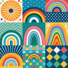 Rainbow vector geometric seamless patterns collection. Set of bright colorful backgrounds with modern minimal labels. Cute abstract geometrical textures. Simple pattern design for babies, kids, decor