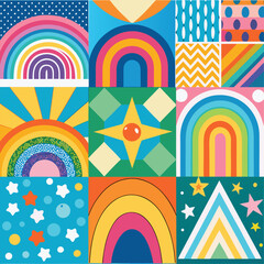 Rainbow vector geometric seamless patterns collection. Set of bright colorful backgrounds with modern minimal labels. Cute abstract geometrical textures. Simple pattern design for babies, kids, decor